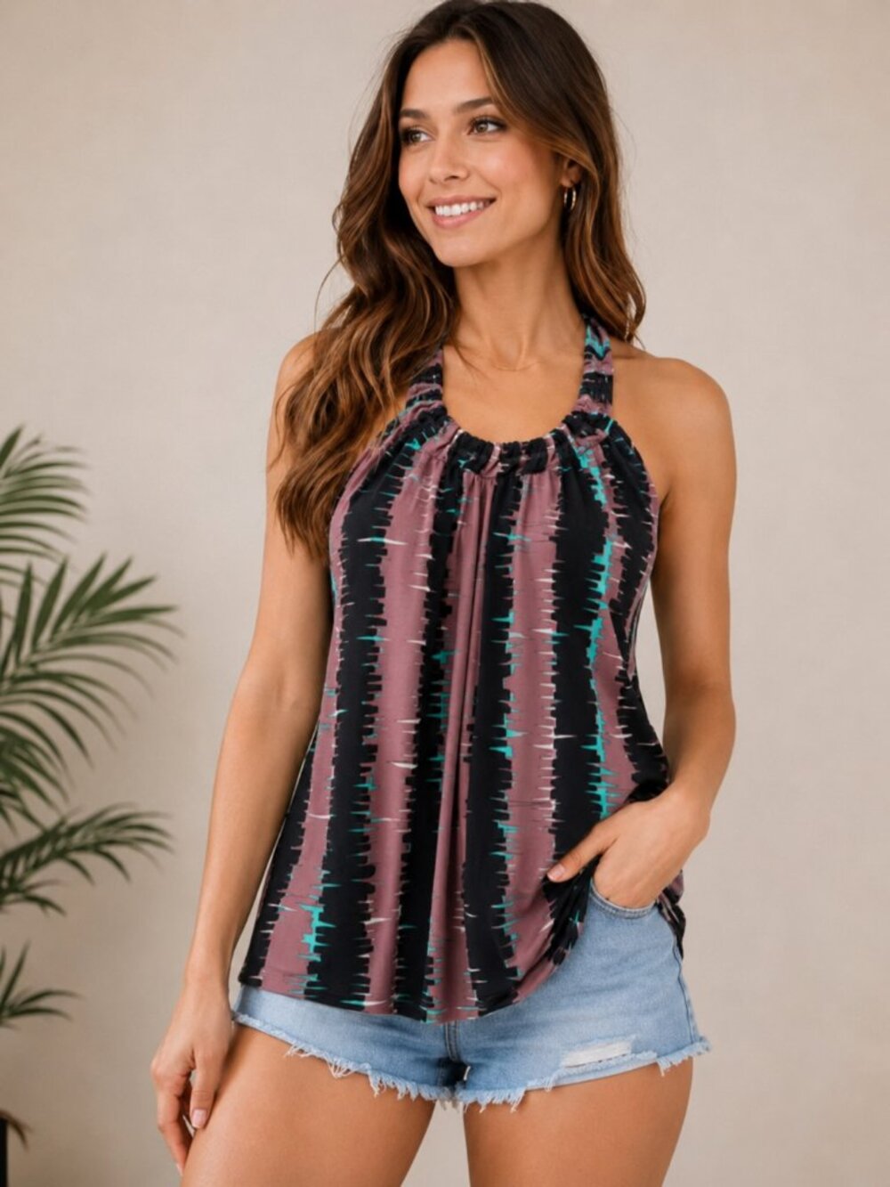 The Limited Brown Blue Abstract Print Halter Tie Tank